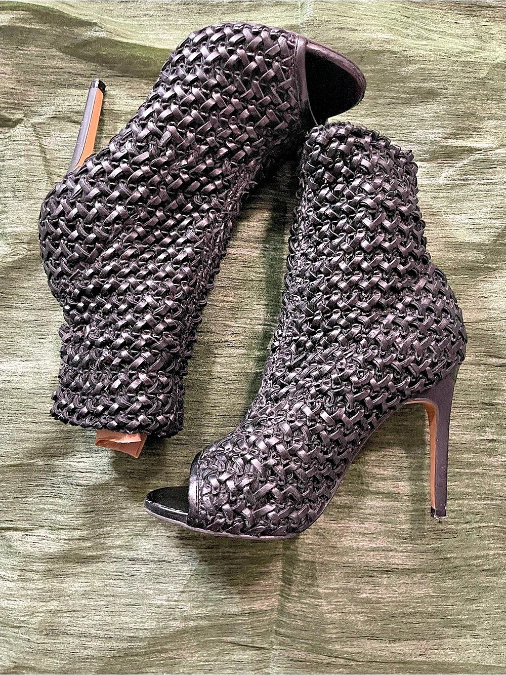 ZARA WOMAN Black Woven Leather Peep-Toe Boot EU 37